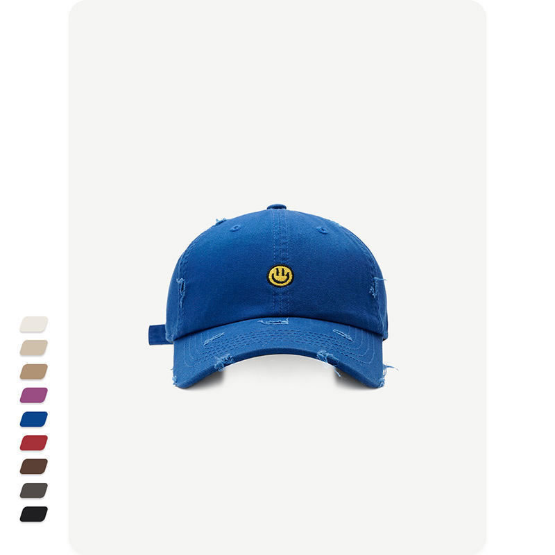 Fashion Blue Smile Embroidered Distressed Soft Top Cap,Baseball Caps