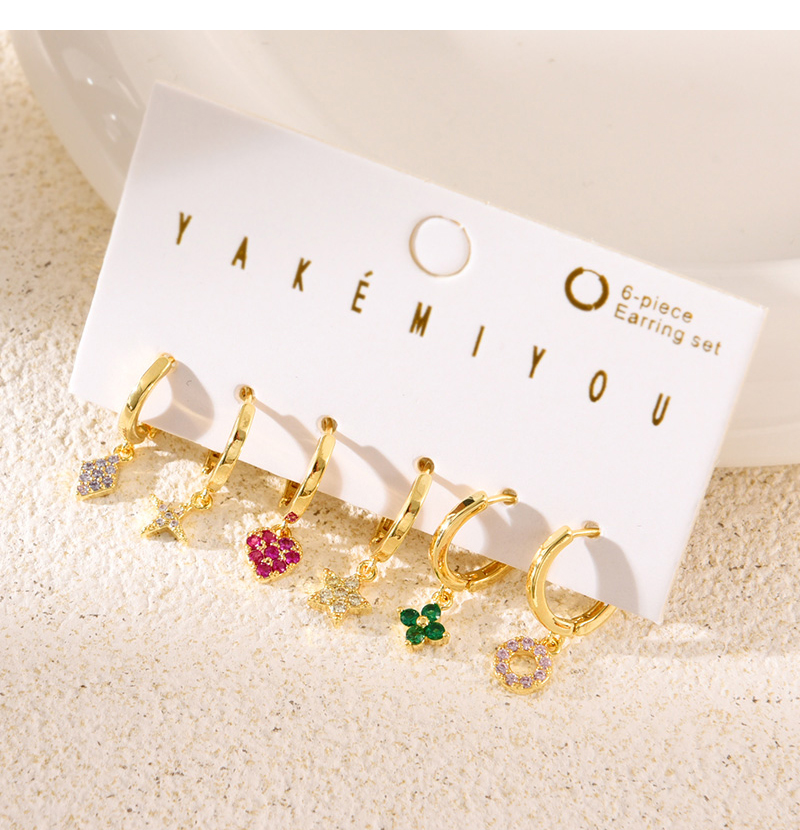 Fashion Color Set Of 6 Copper Inlaid Zircon Heart Pentagram Flower Earrings,Earring Set