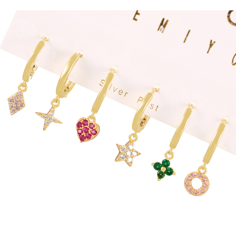 Fashion Color Set Of 6 Copper Inlaid Zircon Heart Pentagram Flower Earrings,Earring Set