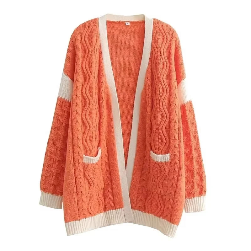 Fashion Orange And White Color Matching Acrylic Contrast Knit Sweater Cardigan,Sweater