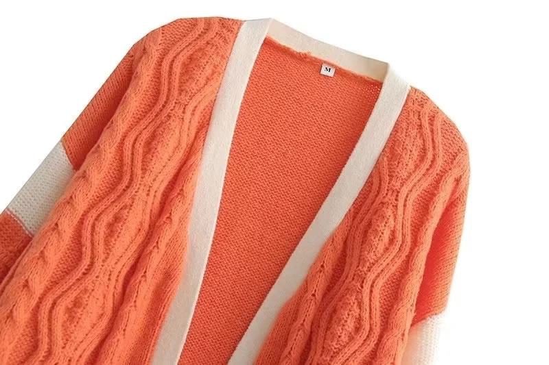 Fashion Orange And White Color Matching Acrylic Contrast Knit Sweater Cardigan,Sweater