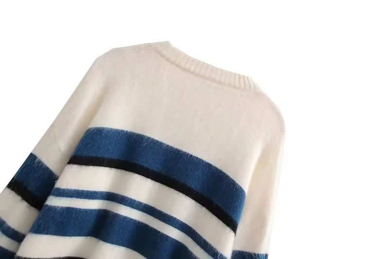 Fashion Blue Bar Striped Crew Neck Sweater,Sweater