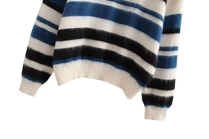 Fashion Blue Bar Striped Crew Neck Sweater,Sweater