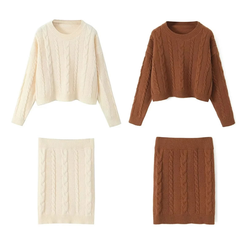 Fashion Brown Wool Knitted Round Neck Sweater Hip-hugging Skirt Suit,Sweater
