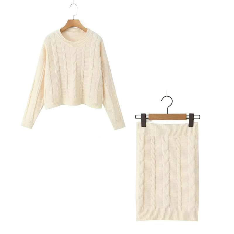 Fashion Beige Wool Knitted Round Neck Sweater Hip-hugging Skirt Suit,Sweater