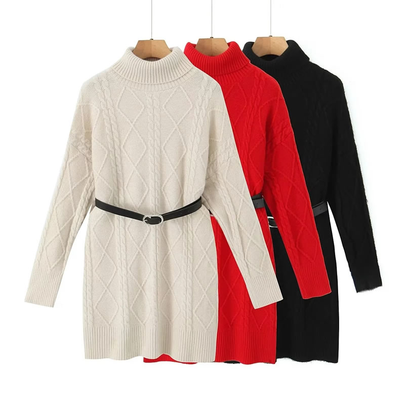 Fashion Red Wool-knit Belted Turtleneck Sweater,Sweater