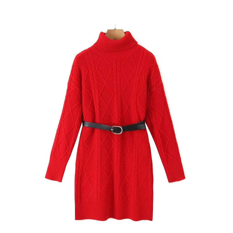 Fashion Red Wool-knit Belted Turtleneck Sweater,Sweater