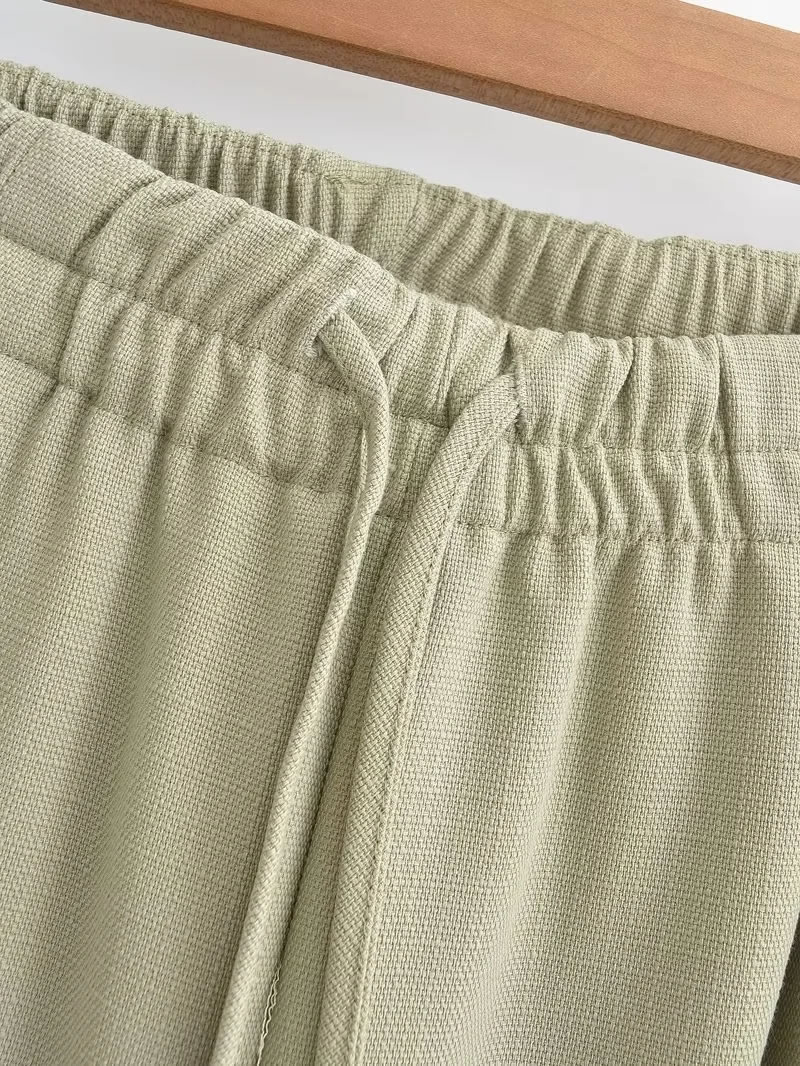Fashion Gray Green Linen Lace-up Straight-leg Trousers,Pants