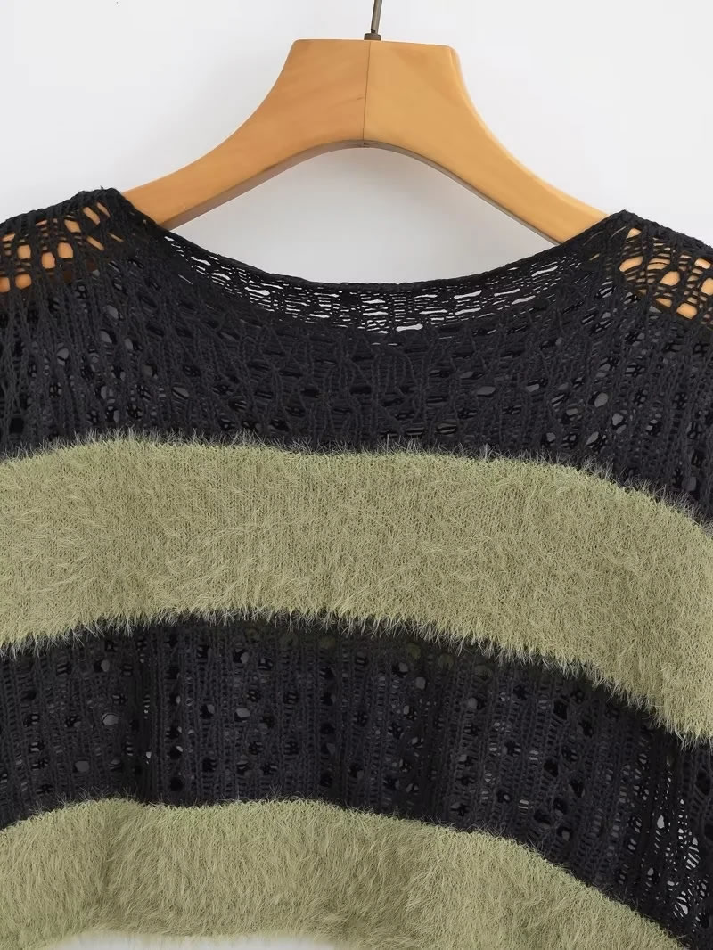 Fashion Black Green Striped Openwork Knitted Sweater,Sweater