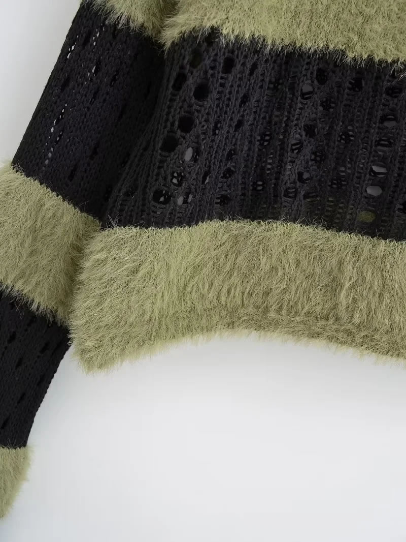 Fashion Black Green Striped Openwork Knitted Sweater,Sweater