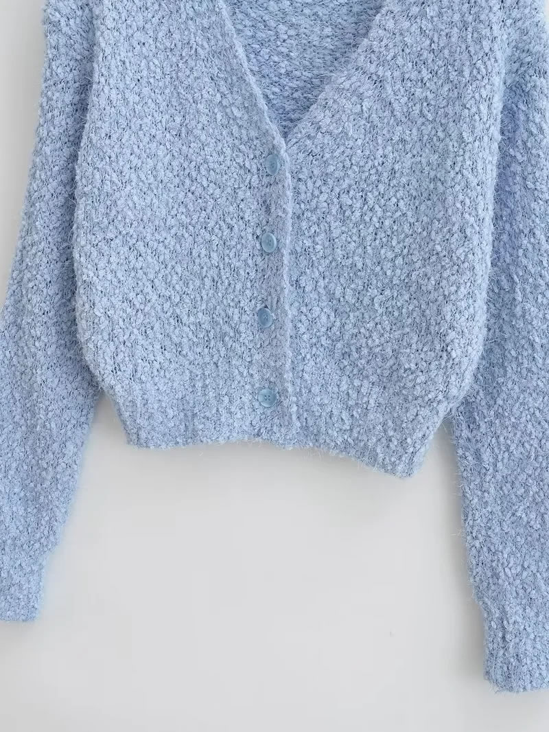 Fashion Blue V-neck Cardigan Sweater,Sweater