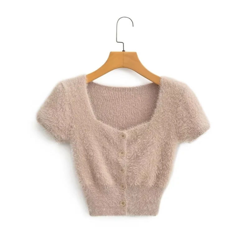 Fashion Pink Plush Knitted Short-sleeved Cardigan Sweater,Sweater