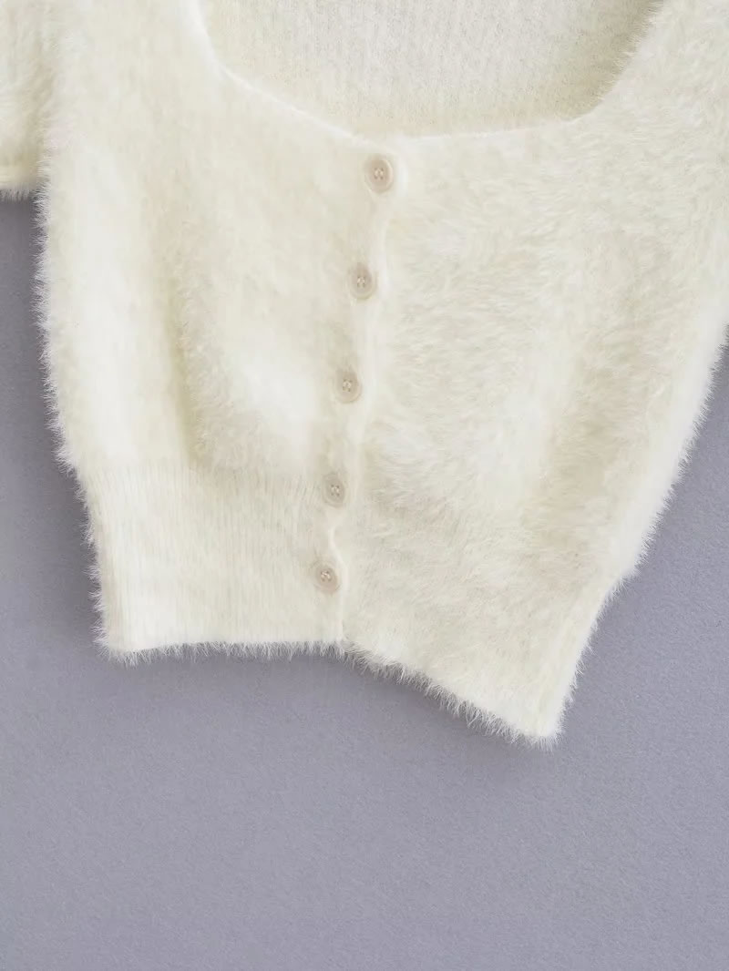 Fashion Pink Plush Knitted Short-sleeved Cardigan Sweater,Sweater