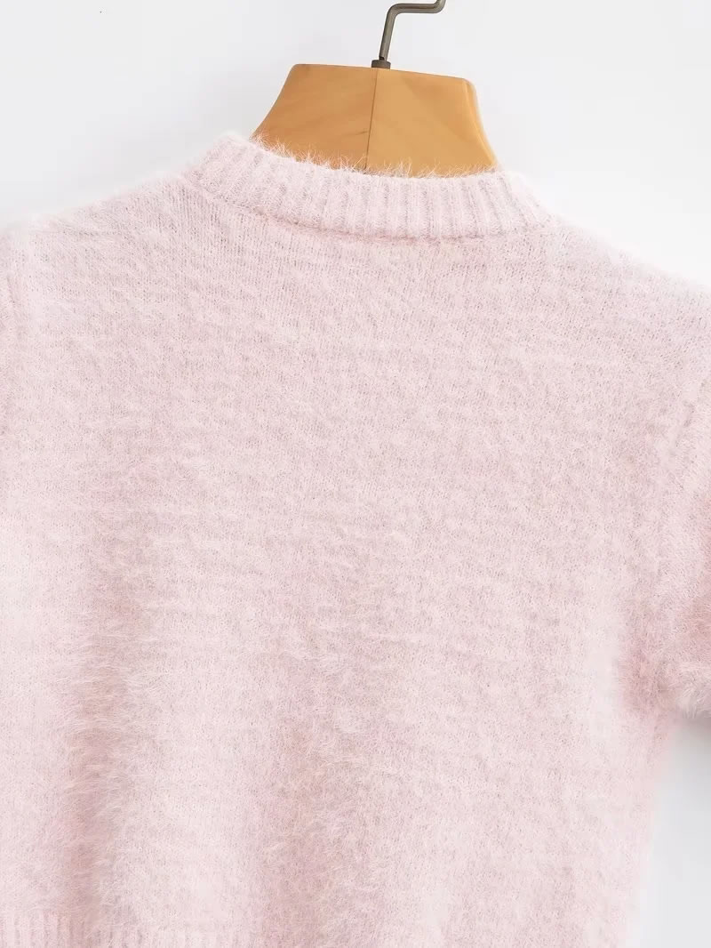 Fashion Pink Plush Knitted Hollow Heart Short-sleeved Sweater,Sweater