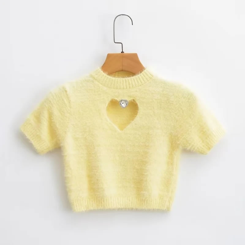 Fashion Pink Plush Knitted Hollow Heart Short-sleeved Sweater,Sweater