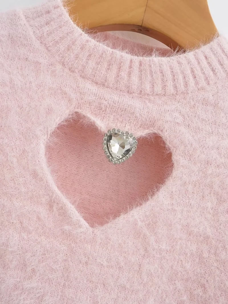 Fashion Black Plush Knitted Hollow Heart Short-sleeved Sweater,Sweater