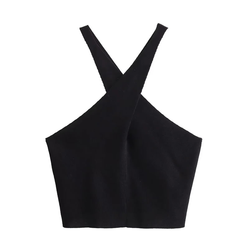 Fashion Black Knitted Crossover Halter Top,Tank Tops & Camis