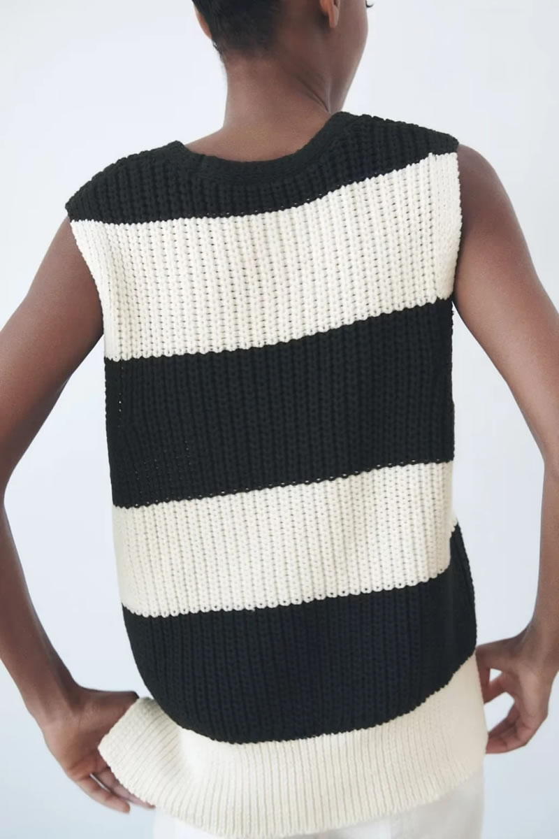 Fashion Wide Black And White Stripes Striped Knitted V-neck Vest,Tank Tops & Camis