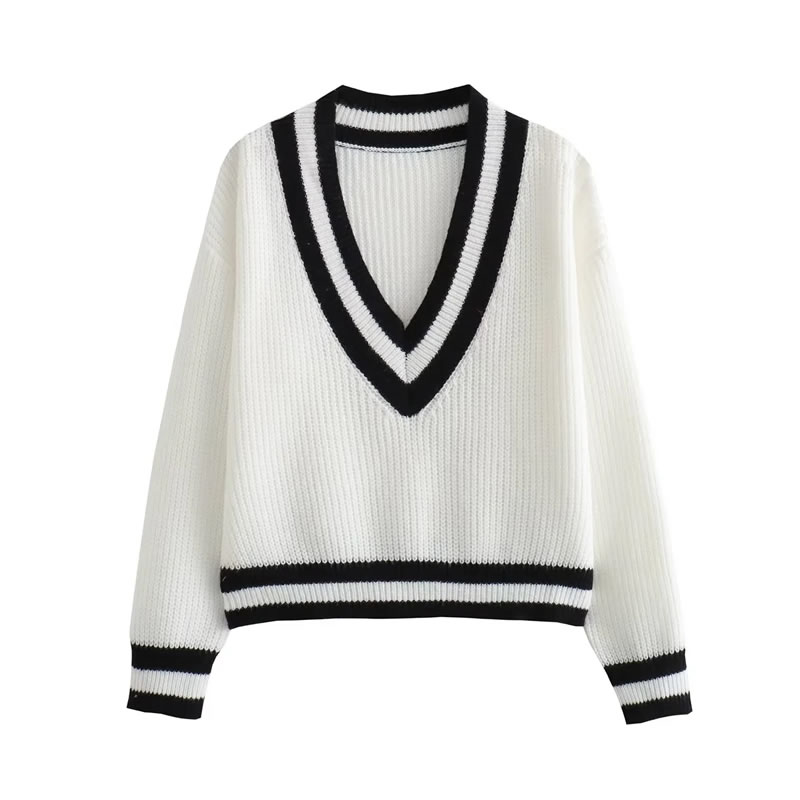 Fashion White Color Block Knitted V-neck Sweater,Sweater