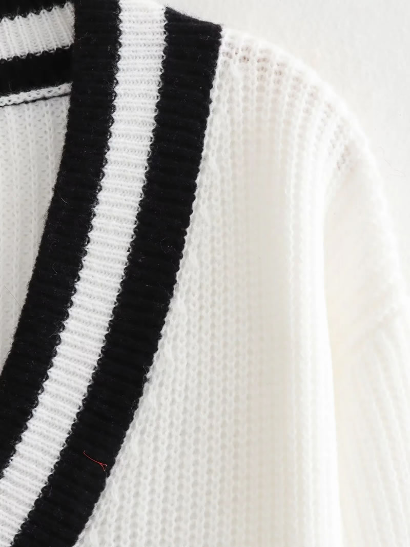 Fashion White Color Block Knitted V-neck Sweater,Sweater