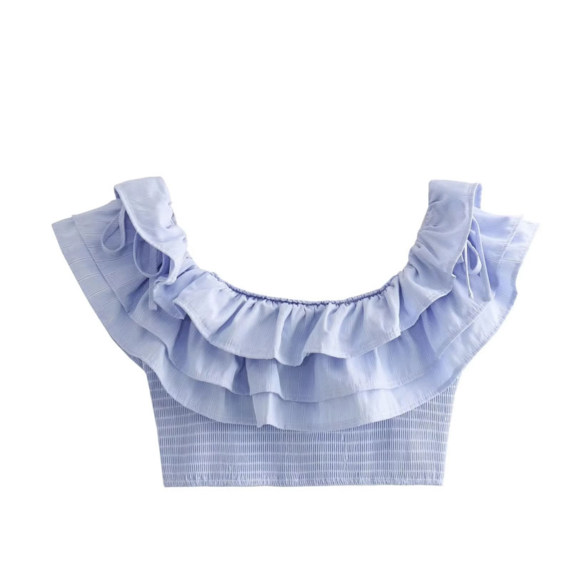 Fashion Light Blue Polyester Ruffled Bateau Neck Top,Other Tops