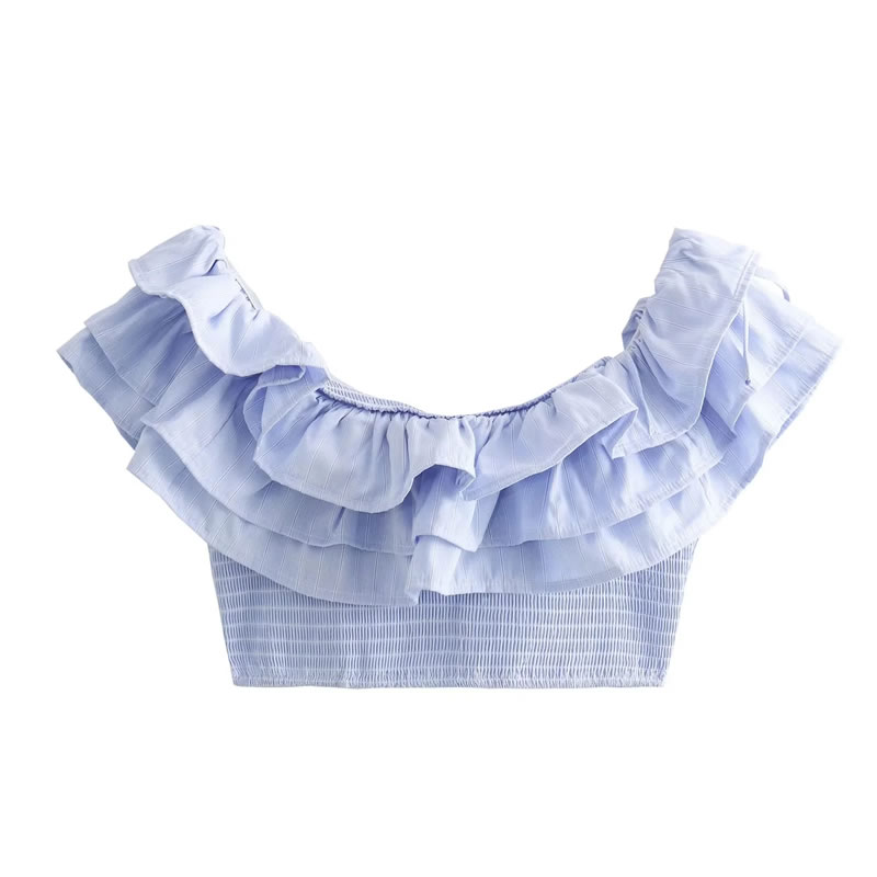 Fashion Light Blue Polyester Ruffled Bateau Neck Top,Other Tops
