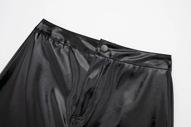Fashion Black Shiny Leather Single-button Skirt,Skirts