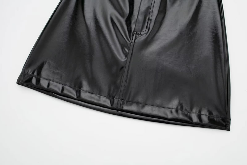 Fashion Black Shiny Leather Single-button Skirt,Skirts