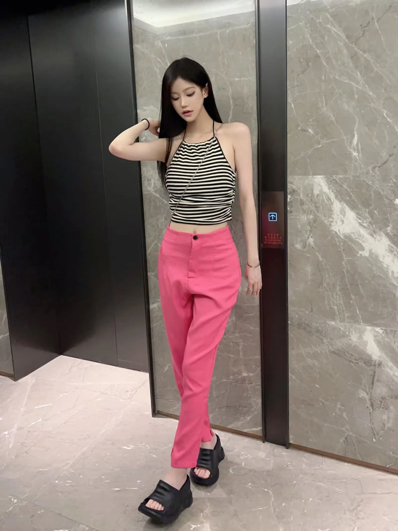 Fashion White Polyester High Waist Trousers,Pants