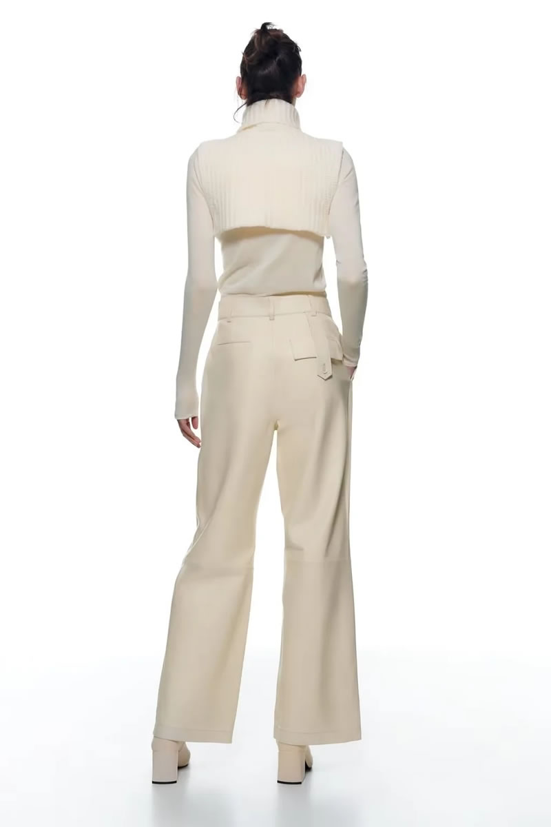 Fashion Beige Leather Pleated Straight-leg Trousers,Pants
