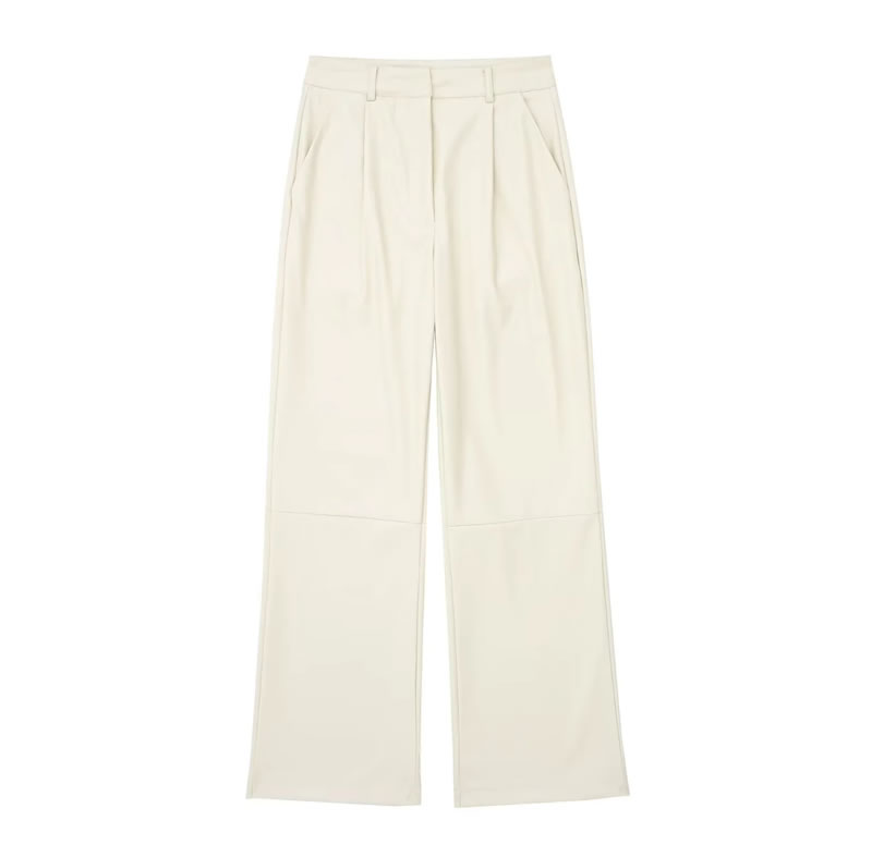 Fashion Beige Leather Pleated Straight-leg Trousers,Pants