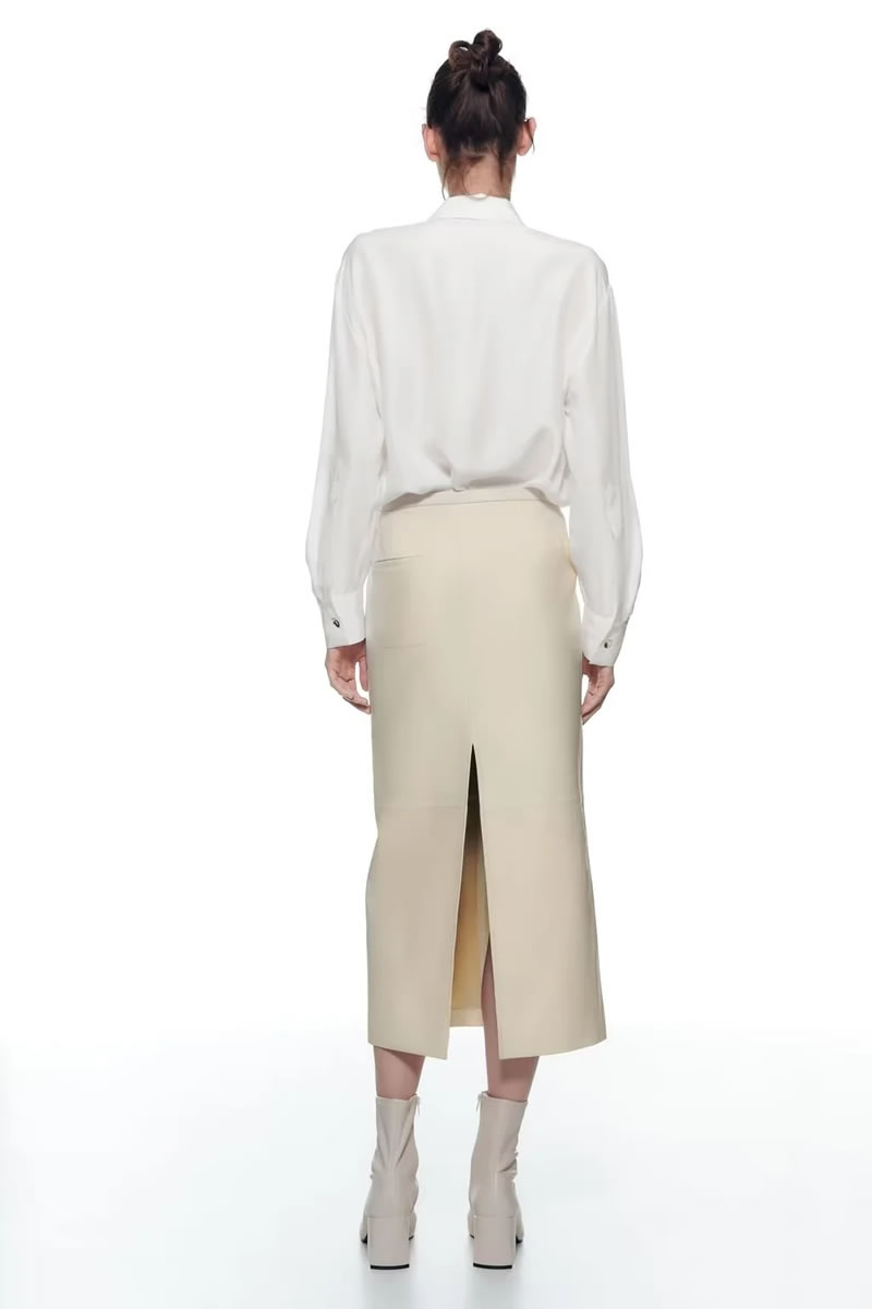 Fashion Beige Leather Slit Skirt,Skirts