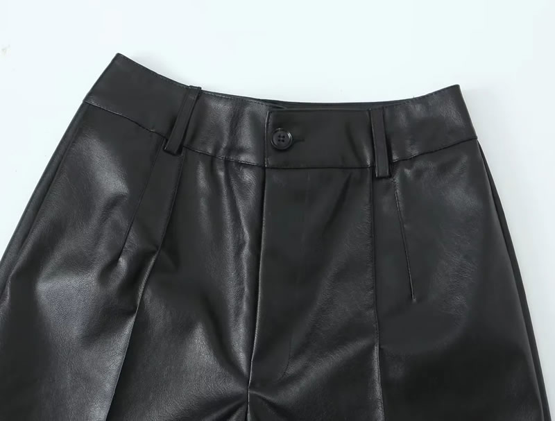 Fashion Black Leather Wide-leg Trousers,Pants