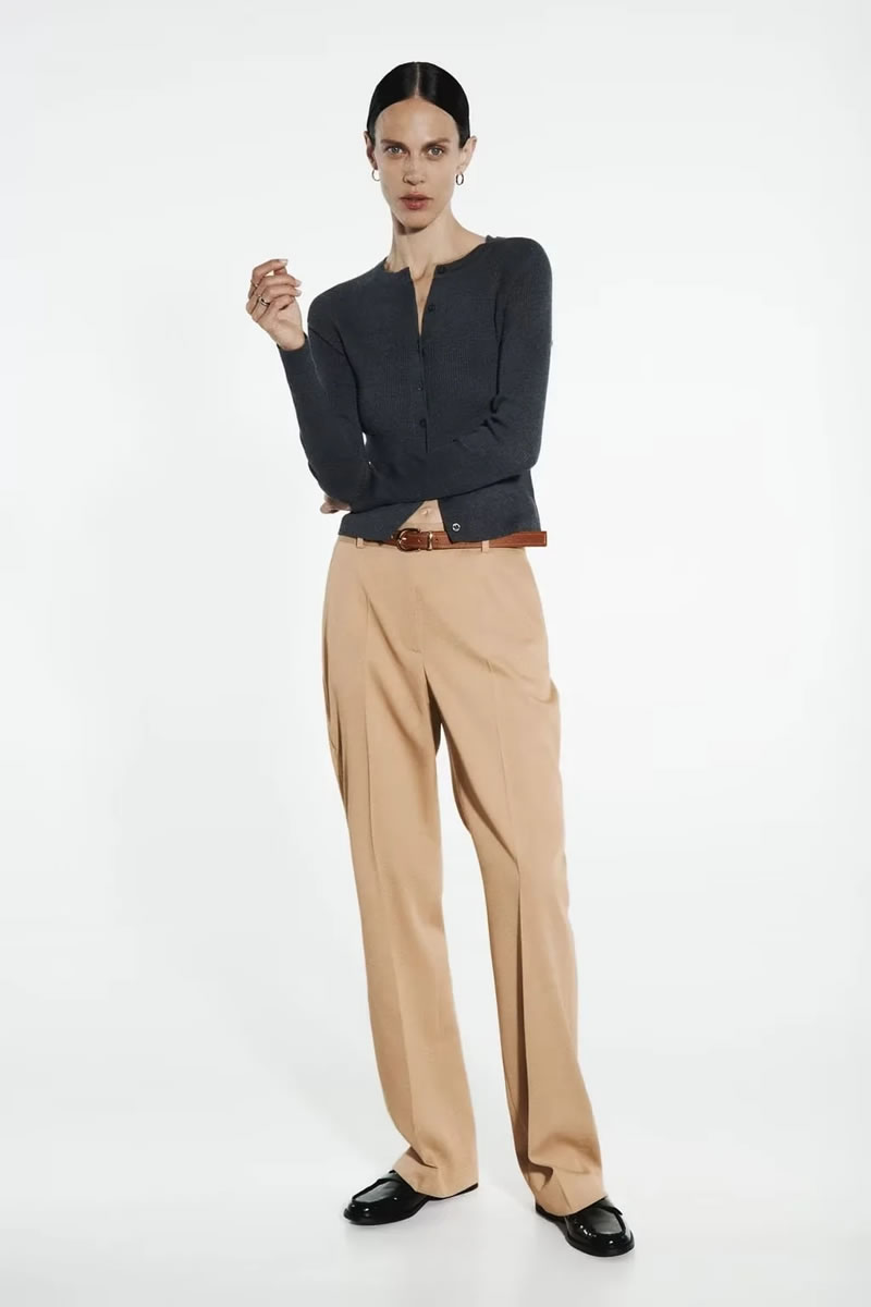 Fashion Black Belted Straight Trousers,Pants