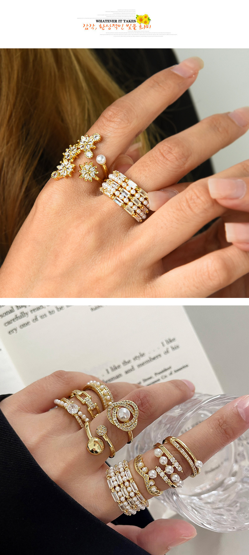 Fashion Golden 9 Copper Set Zircon Pearl Geometric Ring,Rings
