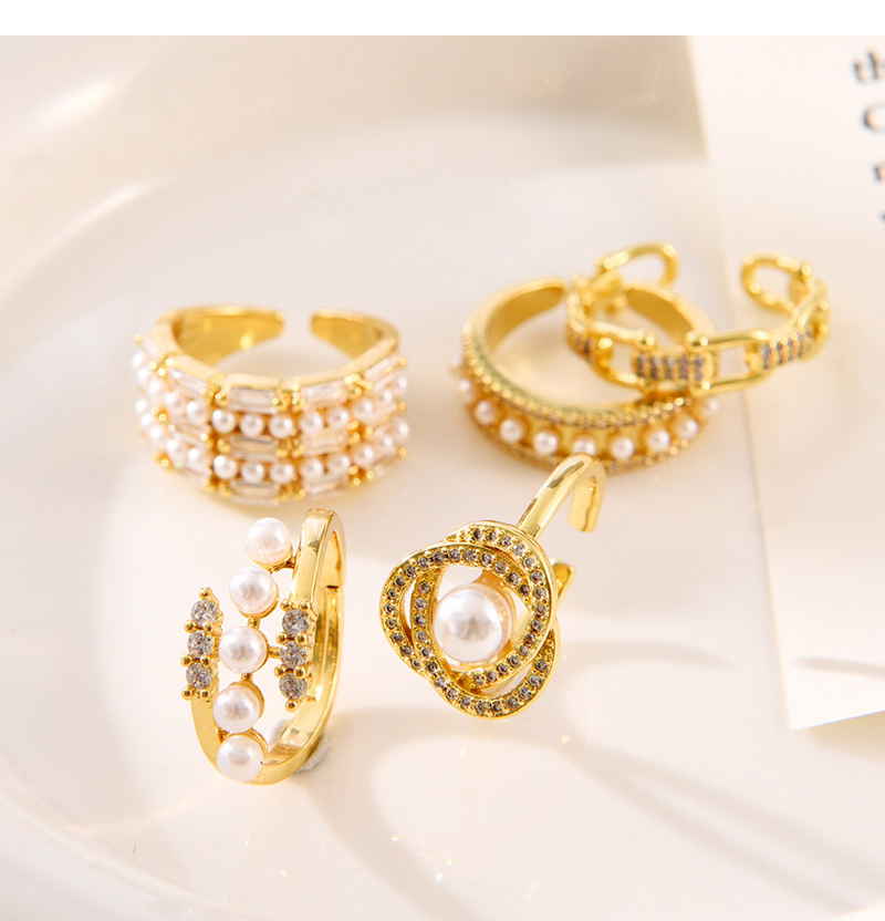 Fashion Golden 6 Copper Set Zircon Pearl Double Row Ring,Rings
