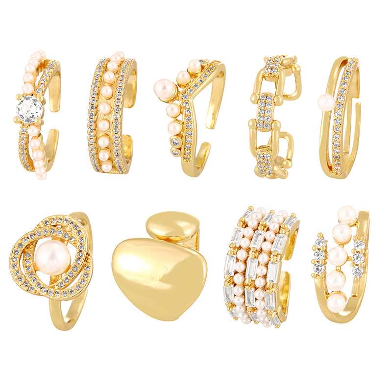 Fashion Golden 7 Copper Set Zircon Pearl Geometric Ring,Rings
