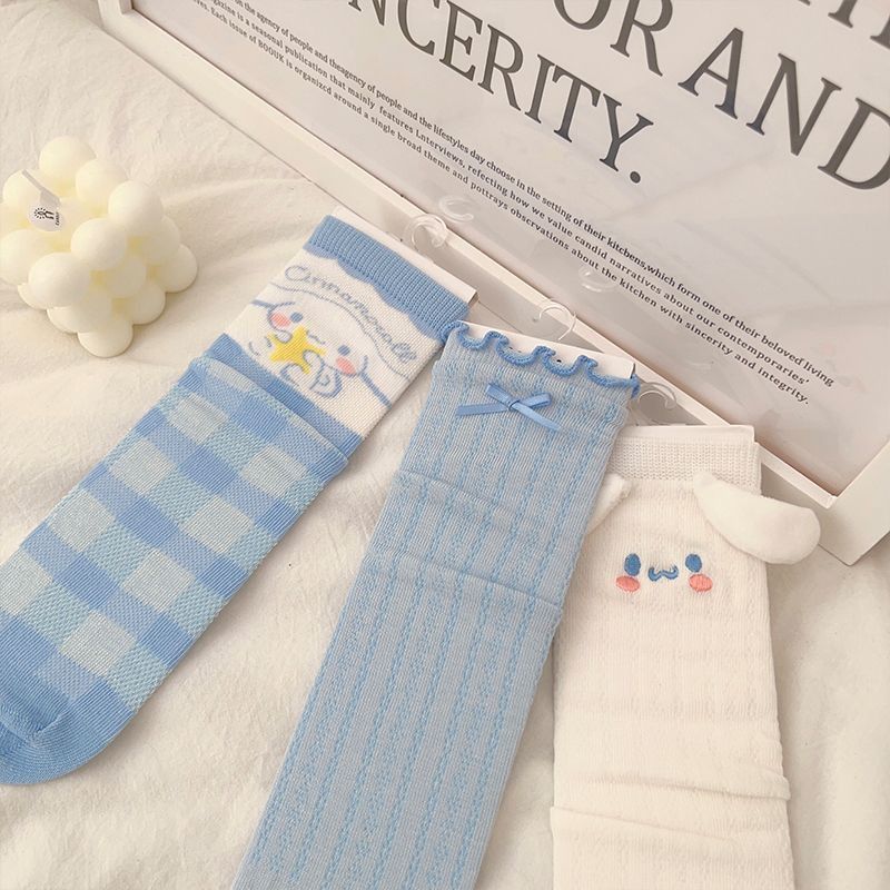 Fashion Pure Blue Lace [1 Pair Of Sock Boards Without The Picture Can Come With A Sock Card Or Opp Bag] Cotton Cartoon Print Mid-calf Socks,Fashion Socks