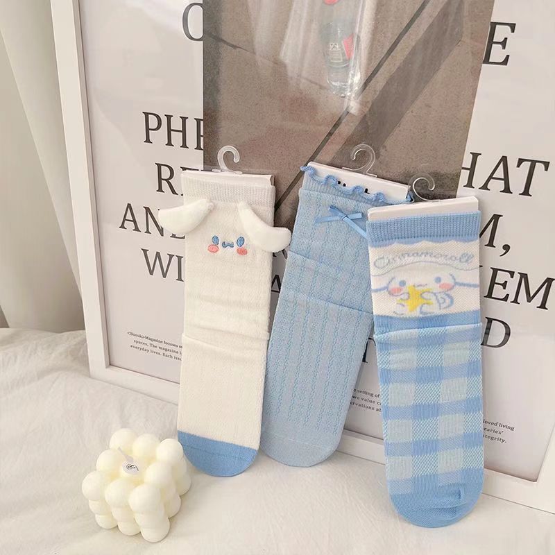 Fashion Pure Blue Lace [1 Pair Of Sock Boards Without The Picture Can Come With A Sock Card Or Opp Bag] Cotton Cartoon Print Mid-calf Socks,Fashion Socks