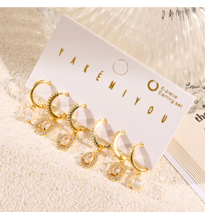 Fashion Gold Copper Inlaid Zircon Drop Drop Square Pendant Earrings Set Of 6,Earring Set
