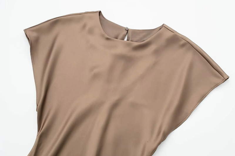 Fashion Brown Silk Satin Pleated Dolman Sleeve Maxi Dress,Long Dress