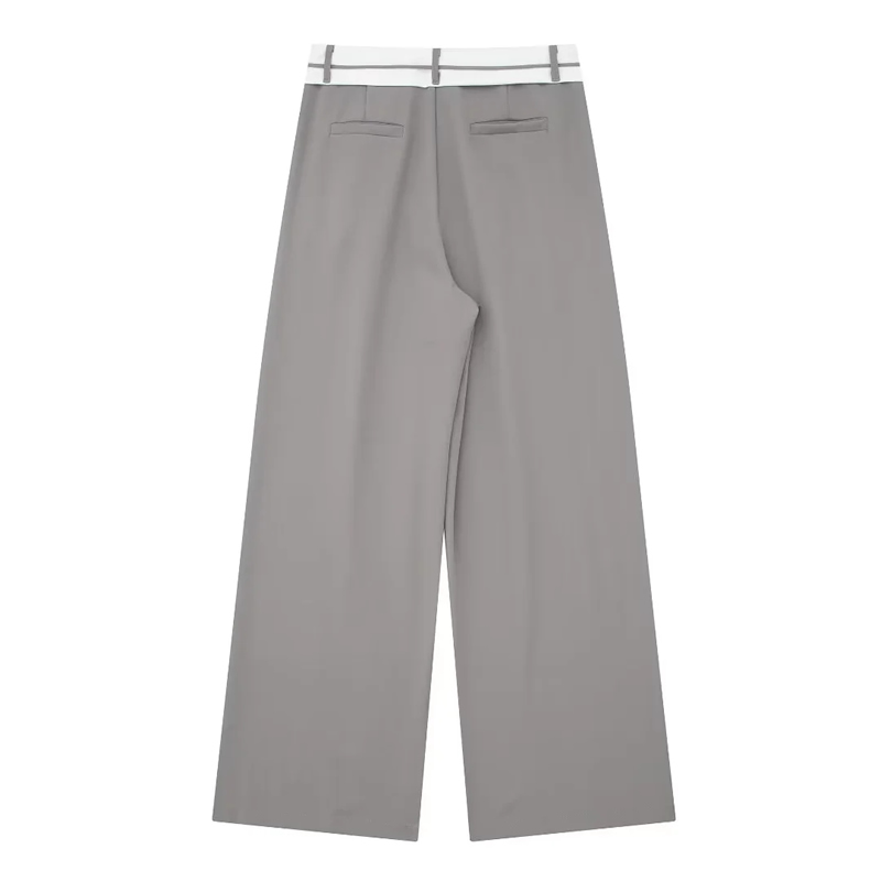 Fashion Grey Blend Pleated Rolled Hem Straight-leg Trousers,Pants