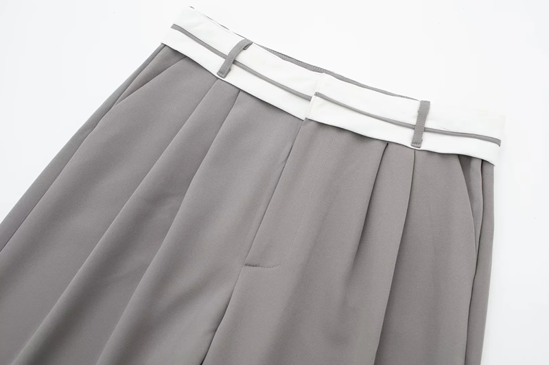 Fashion Grey Blend Pleated Rolled Hem Straight-leg Trousers,Pants