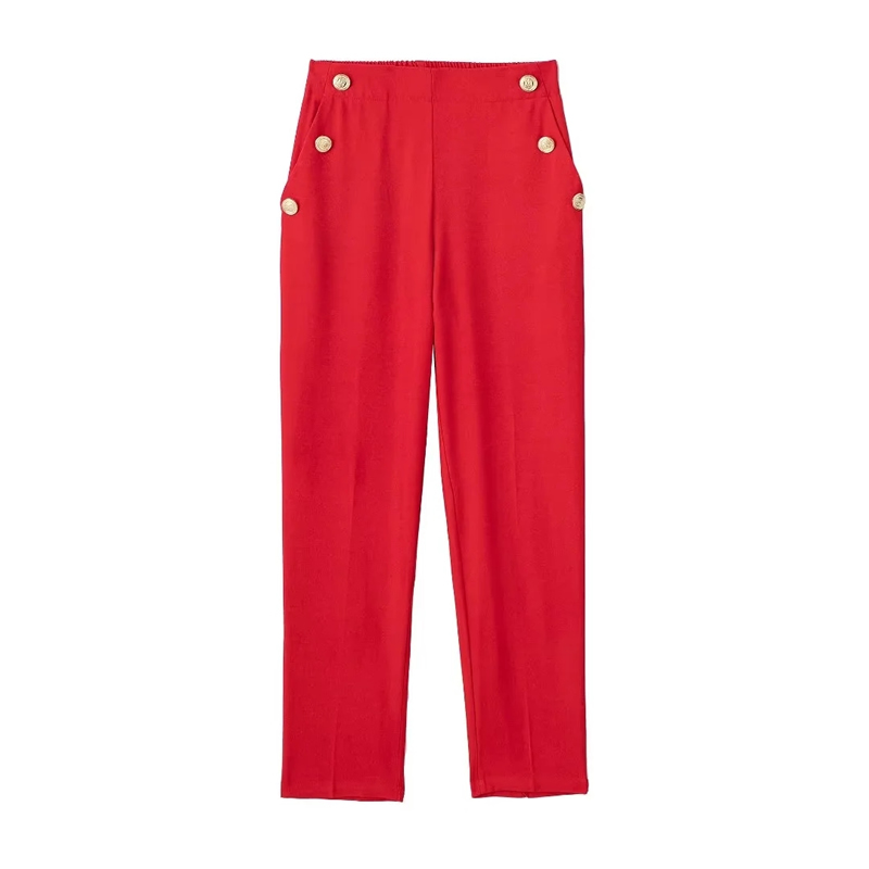 Fashion Red Blend Buttoned Straight-leg Trousers,Pants