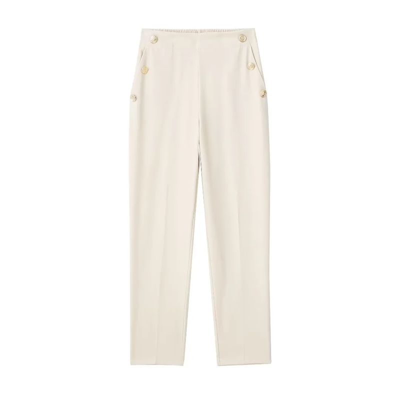 Fashion White Blend Buttoned Straight-leg Trousers,Pants