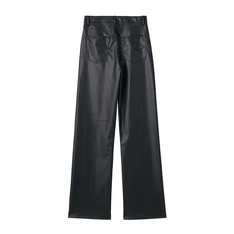 Fashion Black Leather Straight-leg Trousers,Pants