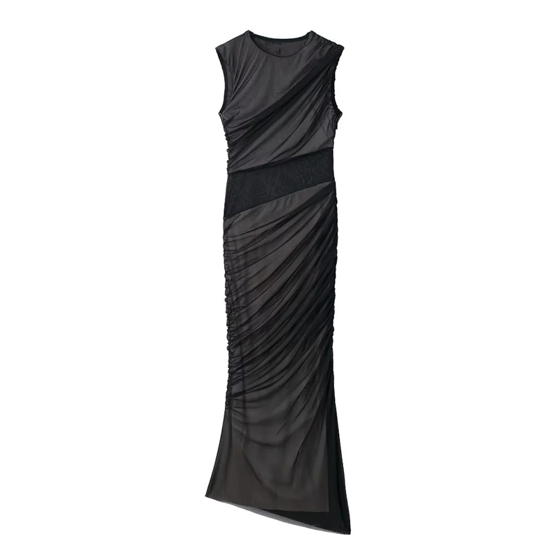 Fashion Black Tulle Pleated Round Neck Maxi Dress,Long Dress