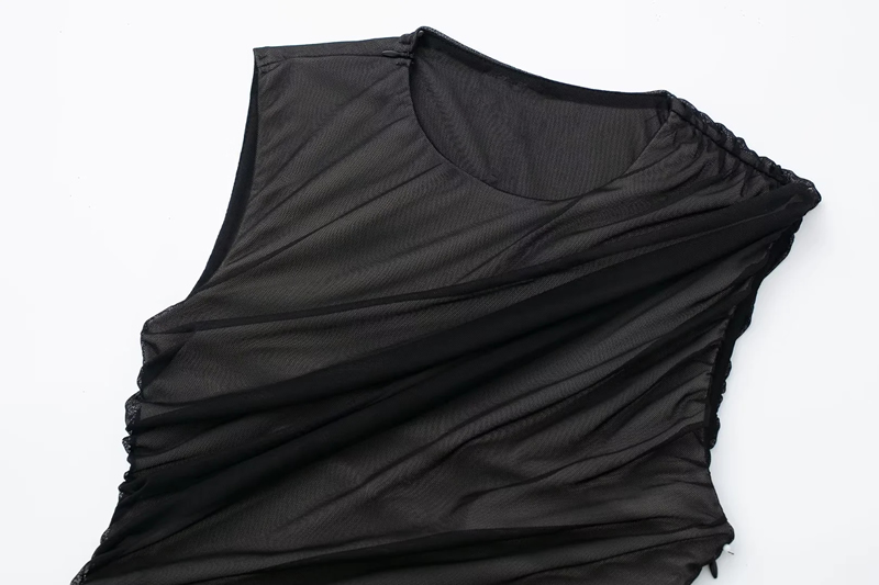 Fashion Black Tulle Pleated Round Neck Maxi Dress,Long Dress