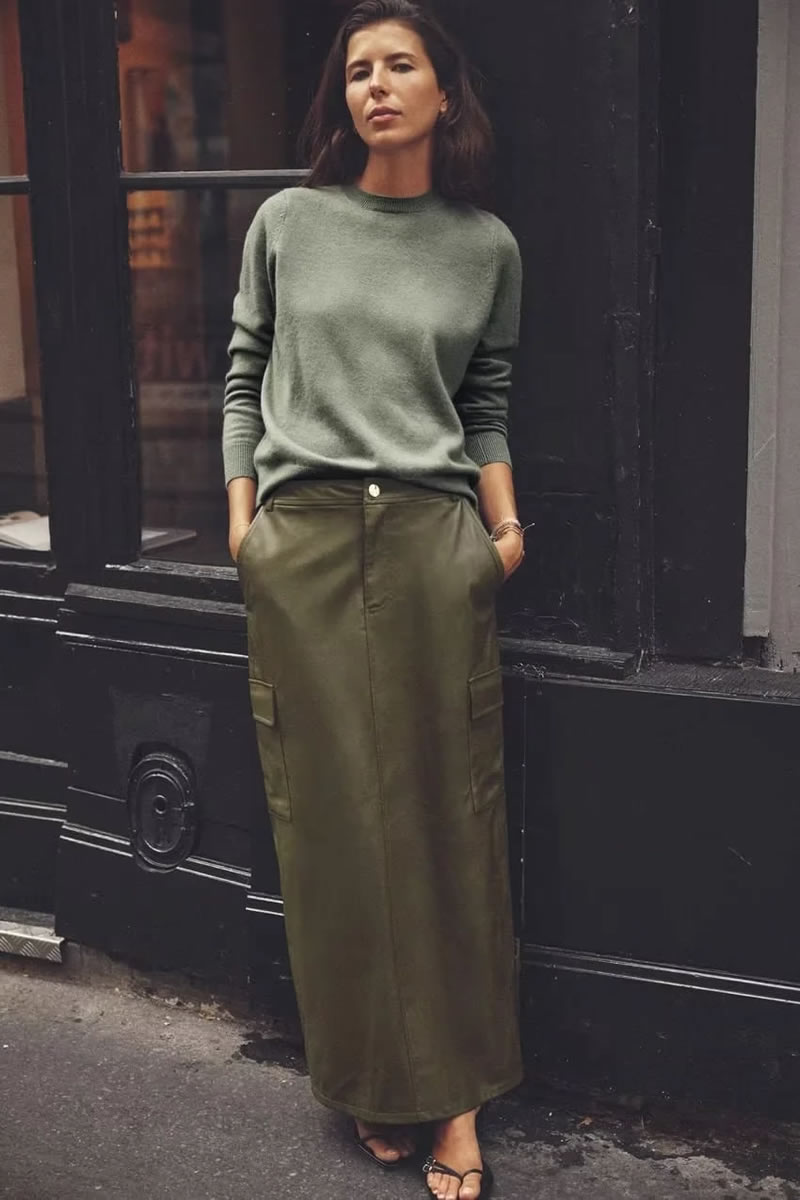 Fashion Green Faux Leather Workwear Large Pocket Skirt,Skirts
