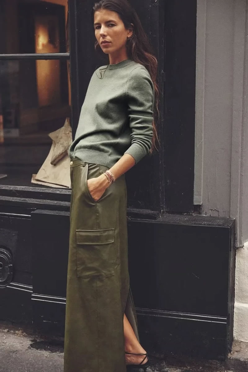 Fashion Green Faux Leather Workwear Large Pocket Skirt,Skirts